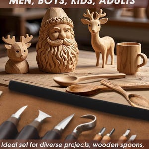 May include: Wooden carvings of a Santa Claus figure, a deer, and a mug sit on a wooden surface. Carving tools and wooden spoons are also visible. Text reads: "PERFECT HOBBY GIFTS FOR MEN, BOYS, KIDS, ADULTS." and "Ideal set for diverse projects, wooden spoons, sculptures, and more. Unleash and develop your creativity!"