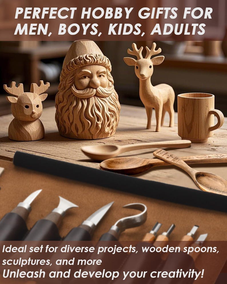 May include: Wooden carvings of a Santa Claus figure, a deer, and a mug sit on a wooden surface. Carving tools and wooden spoons are also visible. Text reads: "PERFECT HOBBY GIFTS FOR MEN, BOYS, KIDS, ADULTS." and "Ideal set for diverse projects, wooden spoons, sculptures, and more. Unleash and develop your creativity!"