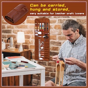 May include: A brown leather craft tool organizer with various spools of thread, scissors, and other tools. The text reads: "Can be carried, hung and stored, very suitable for leather craft lovers."