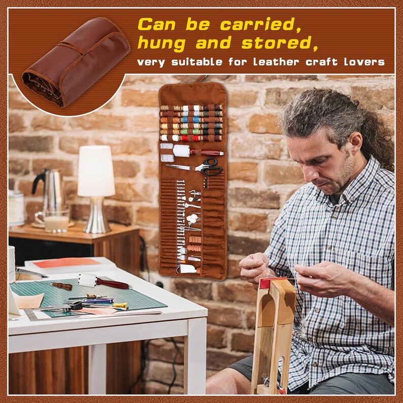 May include: A brown leather craft tool organizer with various spools of thread, scissors, and other tools. The text reads: "Can be carried, hung and stored, very suitable for leather craft lovers."