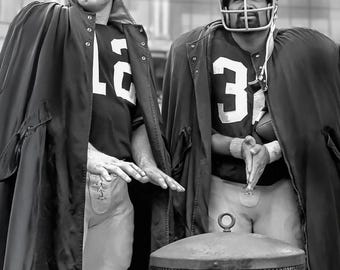 Pittsburgh Steeler  quarterback Terry Bradshaw and running back Franco Harris warm up. Wall Decor for Dads Man Cave or Behind your bar.