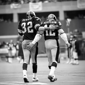 Steelers Terry Bradshaw and Franco Harris walking off field after touchdown at Three Rivers Stadium in Pittsburgh Pa. great for man cave