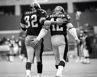 Steelers Terry Bradshaw and Franco Harris walking off field after touchdown at Three Rivers Stadium in Pittsburgh Pa. great for man cave