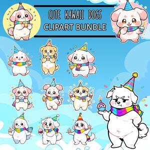 20 Cute Birthday Dog Clipart – Kawaii Puppy with Cupcake & Rainbow Scarf – PNG Digital Download