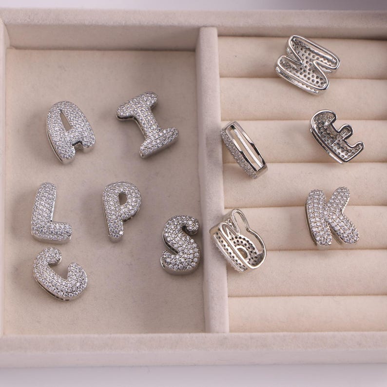 2pcs Silver-Plated Initial Letter Pendant,Letters Charm,Zircon Paved Letter Connector, Custom Jewelry Making Supply image 14