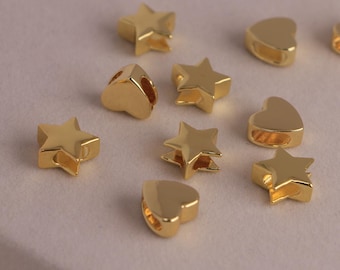 5 cuentas espaciadoras de corazón chapadas en oro de 18 quilates, dijes de corazón de amor, cuentas de estrella para pulseras, cordón, suministros para fabricación de joyas.