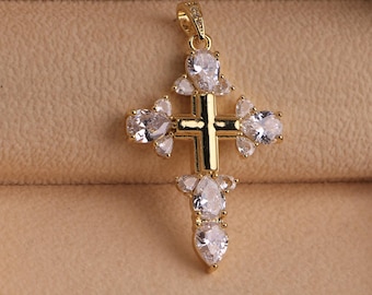Cross Pendant,Zircon Stone Cross Pendant,Religious Cross Charm,18K Gold,DIY Jewelry Making Supply 29x44mm