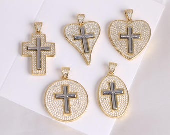 2Pcs Brass Heart Charms with Cross , Zircon Cross Pendant, Oval Charms, Heart Necklace Charm DIY Jewelry, Jewelry Findings and Supplies