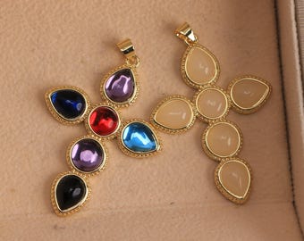 2Pcs, Vintage Cross Crystal Geomstone Charm, 18K Gold Plated Cross Religious Pendant, DIY Jewelry Making Supply
