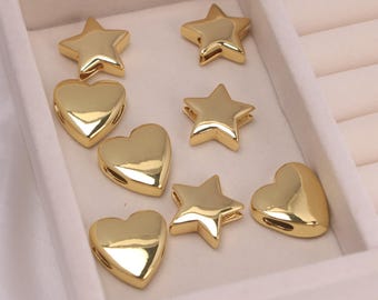 2 cuentas espaciadoras con forma de corazón chapadas en oro de 18 quilates, cuentas deslizantes con forma de estrella para hacer joyas DIY, abalorios y pulseras delicadas.