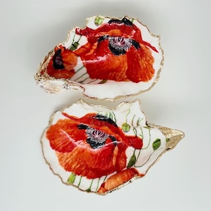 Decoupaged Oyster Shell, Gilded Oyster Shell, Coral Decoupaged Oyster Shell, Oyster Shell Ring Dish, Beachy Ring Dish, Oyster Shell