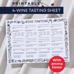 Printable Wine Tasting Score Sheet (4 Wines), Sommelier-Designed with Aroma Hints, Wine Party, Tasting Notes, Beginner-Friendly, Red & white