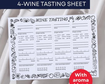 May include: A printable 4-wine tasting sheet with the text "WINE TASTING" and "4-WINE TASTING SHEET". The sheet includes sections for wine variety, color, aromas, and personal rating. A red circle with the text "With aroma hints!" is in the bottom right corner.