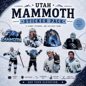 May include: A sticker pack featuring eight iconic Utah Mammoth stickers. The stickers include images of players in jerseys, a mammoth, and team logos. The stickers are durable vinyl, waterproof, and dishwasher safe.