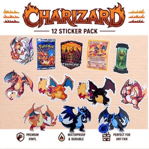 Charizard Sticker Pack | 12 Waterproof Vinyl Stickers | Pokémon Inspired Laptop, Water Bottle Decals