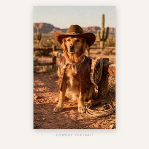 Könnte beinhalten: Ein Golden Retriever trägt einen braunen Filz-Cowboyhut, eine braune Lederweste und ein gemustertes Halstuch. Der Hund befindet sich in der Nähe eines aufgerollten Seils. Der Text COWBOY PORTRAIT steht unten im Bild in einfacher Schrift.