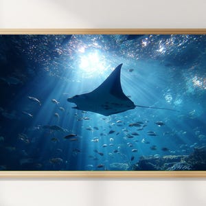 Könnte beinhalten: Ein rechteckiger Wandkunstdruck in einem hellen Holzrahmen, der eine Unterwasserszene mit einem großen Mantarochen zeigt, der durch tiefblaues Wasser schwimmt. Sonnenlicht dringt von der Oberfläche ein und beleuchtet den Rochen.