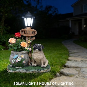 Outdoor Pug Solar Light Planter, Resin Dog Garden Statue with Solar Lantern
