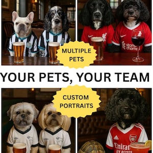 Op de afbeelding: Een samengestelde afbeelding met huisdieren in sportshirts, met pinten bier en cocktails. De tekst "MULTIPLE PETS", "UW HUISDIEREN, UW TEAM" en "AANGEPASTE PORTRETTEN" is te zien.