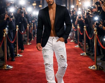 Men's White Distressed Slim Fit Jeans, Crystal Rhinestone Embellished Statement Pants
