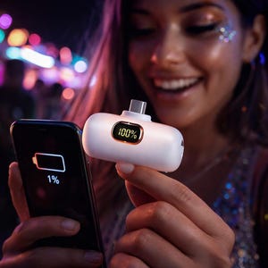 Puede incluir: Un cargador portátil blanco con una pantalla digital que muestra "100%" se sostiene cerca de un teléfono inteligente que muestra el 1% de batería. El cargador tiene un conector USB-C. El fondo está borroso con luces de colores.