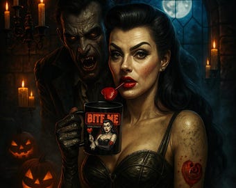 Funny Vampire Mug – “Bite Me (Politely)” Retro Horror Coffee Cup