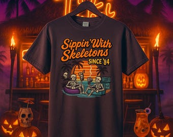 Retro Summerween Skeleton Tee: Spooky Tiki Beach Vibes - Comfort Colors