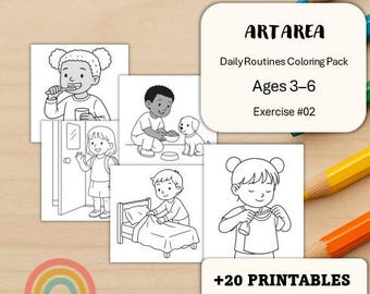 Pode incluir: Um conjunto de páginas para colorir imprimíveis em preto e branco com rotinas diárias, com o texto "ART AREA Daily Routines Coloring Pack Ages 3-6 Exercise #02" e "+20 PRINTABLES". Lápis de cor e um arco-íris também são visíveis.