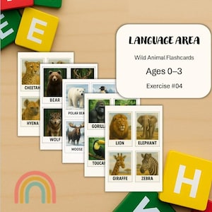 Flashcards de Animais Selvagens | Área de Idiomas | Idades 0–3 | Exercício nº 04 | Imprimível Inspirado em Montessori