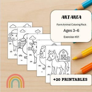 Puede incluir: Un conjunto de páginas para colorear de animales de granja con una oveja, un pato, una cabra, una gallina y un caballo. Las páginas son dibujos lineales en blanco y negro. El texto de la imagen dice "ART AREA Farm Animal Coloring Pack Ages 3-6 Exercise #01 +20 PRINTABLES".