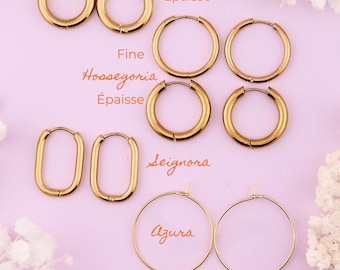 Gold-plated hoop earrings in 304L/316L stainless steel – Compatible with interchangeable charms – Lightweight jewelry – 5 styles available