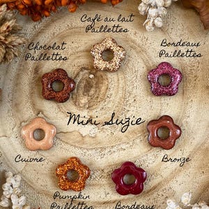 May include: A collection of flower-shaped embellishments in various colors, including copper, bronze, and burgundy, with glitter accents. The text "Mini Suzie" is handwritten in the center, with color names like "Pumpkin Paillettes" and "Bordeaux" labeling each piece.
