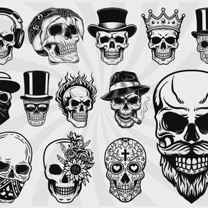 Op de afbeelding: Een verzameling zwart-wit illustraties van schedels. De schedels worden afgebeeld met diverse accessoires, waaronder koptelefoons, hoeden, kronen, bandana's, zonnebrillen en bloemstukken. Sommige schedels hebben vlammen, een sigaar of een snor.