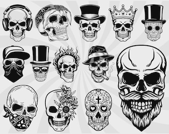 Paquete de SVG de calavera, SVG de calavera floral, SVG de calavera de azúcar, SVG de gánster, Clipart de calavera, Vector de calavera, Archivos de corte de calavera, Calavera PNG, Silueta de calavera