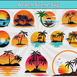 May include: A collection of circular beach scene designs featuring sunsets, palm trees, and silhouettes of beach chairs. The designs incorporate shades of orange, yellow, and blue, with the text "Beach Scene Svg" at the top.