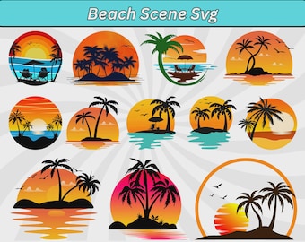 Escena de playa SVG, Clipart de escena de playa, Palmera SVG, Playa SVG, Escena de naturaleza SVG, Vector de escena de playa, Senset SVG, Escena de playa PNG