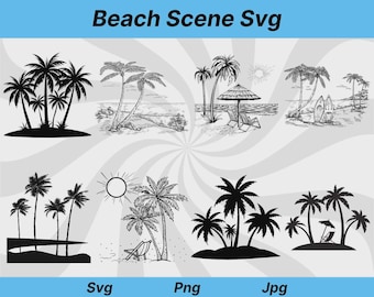Escena de playa Svg, Palmera Svg, Playa Svg, Verano Svg, Clipart de verano, Clipart de playa, Silueta de playa, Archivos de corte de playa, Palmera Png