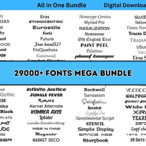 May include: A digital download graphic featuring a collection of fonts. The image is divided into sections, showcasing various font styles, including "Arial," "Futura," and "Times New Roman." The text "29000+ FONTS MEGA BUNDLE" is prominently displayed.