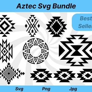 May include: Aztec SVG bundle featuring various geometric designs in black and white. Includes the text "Aztec Svg Bundle", "Best Seller", and file type indicators: Svg, Png, and Jpg. The designs are suitable for digital crafting projects.