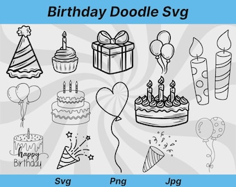 Doodle de cumpleaños Svg, Cumpleaños Svg, Fiesta de cumpleaños Svg, Feliz cumpleaños Svg, Pastel de cumpleaños Svg, Cumpleaños Png, Doodle de cumpleaños, Celebración Svg