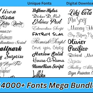 May include: A digital download graphic featuring a collection of unique fonts in various styles, including script and bold fonts. The image includes the text "14000+ Fonts Mega Bundle" in a blue banner.