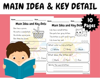 Kindergarten Reading Comprehension Worksheets – Main Idea & Key Details, 10 Pages, Printable Literacy Activities for Kids