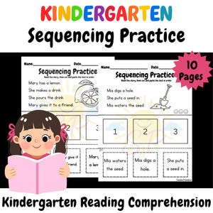 Puede incluir: Una colorida hoja de trabajo educativa para la comprensión lectora en el jardín de infancia. La imagen presenta el texto "Kindergarten Sequencing Practice" y "10 Pages". La hoja de trabajo incluye ejercicios de secuenciación con ilustraciones.