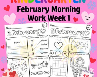Trabajo matutino de kínder – Semana 1 de febrero – Hojas de práctica de ELA y matemáticas con temática de San Valentín