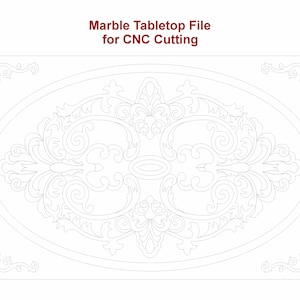 May include: A detailed line drawing of a marble tabletop design for CNC cutting. The design features an oval frame with ornate floral and scrollwork patterns. The text "Marble Tabletop File for CNC Cutting" is at the top.