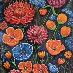 Peinture acrylique florale, oeuvre d&#39;art originale, oeuvre d&#39;art florale de peinture d&#39;art de fleur 12 x 16 po