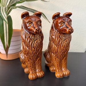 Vintage Ceramic Dog Figurines – Set of 2 Long-Haired Dogs, 7.5” Tall, Made in China – Rustic Mid-Century Style Animal Collectibles