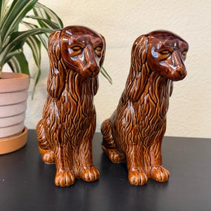 Vintage Ceramic Dog Figurines – Set of 2 Long-Haired Dogs, 7.5” Tall, Made in China – Rustic Mid-Century Style Animal Collectibles