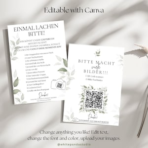 Könnte beinhalten: Zwei weiße Karten mit grünen Blättern und deutschem Text. Eine Karte lautet "EINMAL LACHEN BITTE!" mit einer Liste von Fotoideen. Die andere Karte lautet "BITTE MACHT VIELE BILDER!!!" mit einem QR-Code. Die Karten sind für eine Hochzeit.