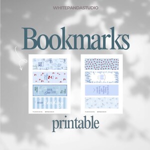 Könnte beinhalten: Druckbare Lesezeichen in Blautönen mit verschiedenen Designs, darunter florale Muster und Text. Das Wort "Bookmarks" ist groß dargestellt, mit "printable" unten. Designs beinhalten Buchclub-Themen.